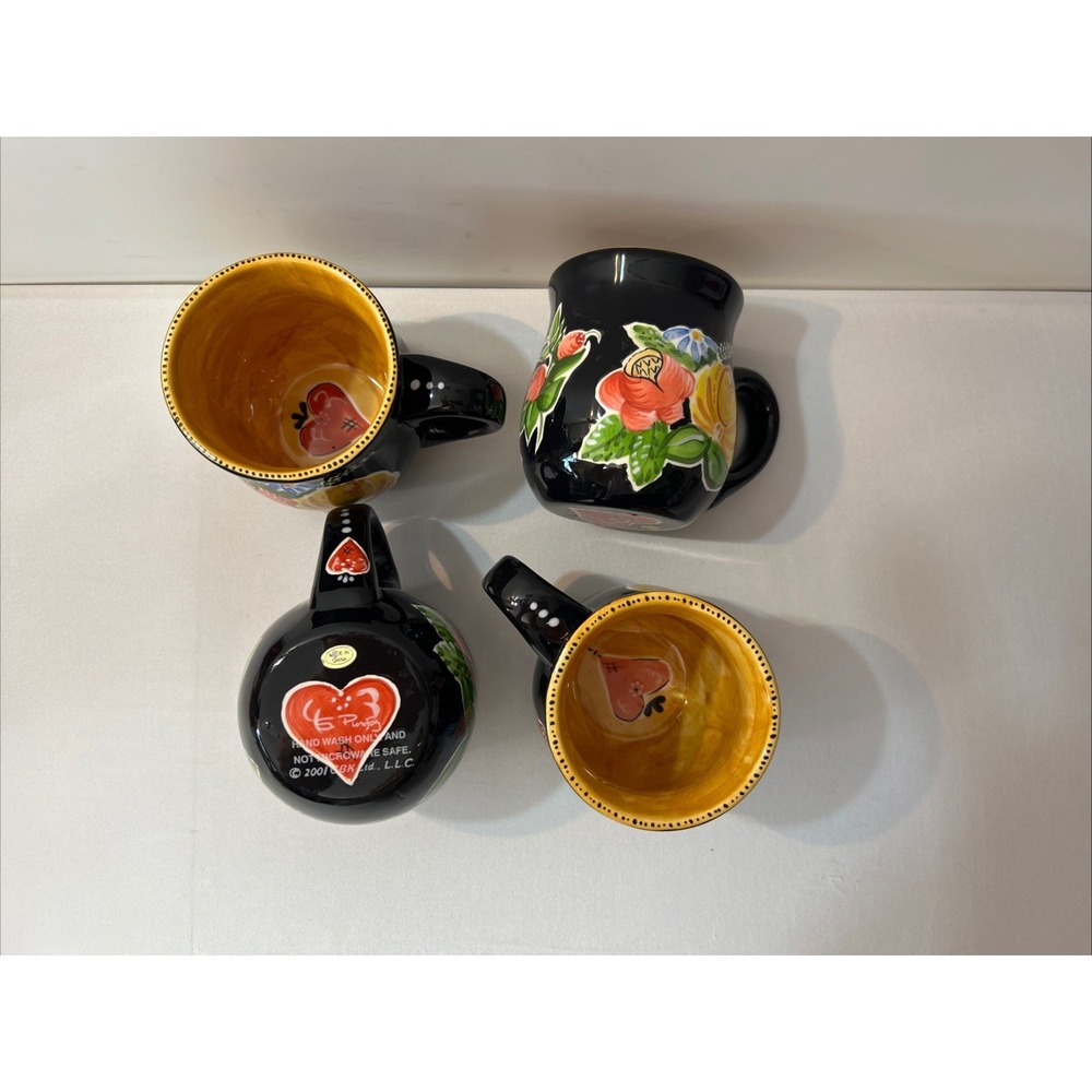 Set Of 4 Coffee Mugs Hand painted Floral CBK Ltd. Sarah Purifoy Vtg Black Yellow